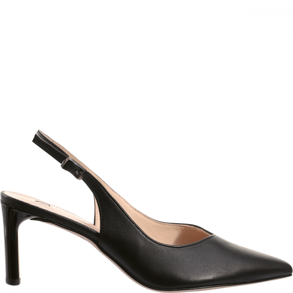 Stilig slingback pumps fra Högl med spiss tå. Skoen er laget av glatt svart skinn, har stillethæl og en flatterende v-skjæring. 